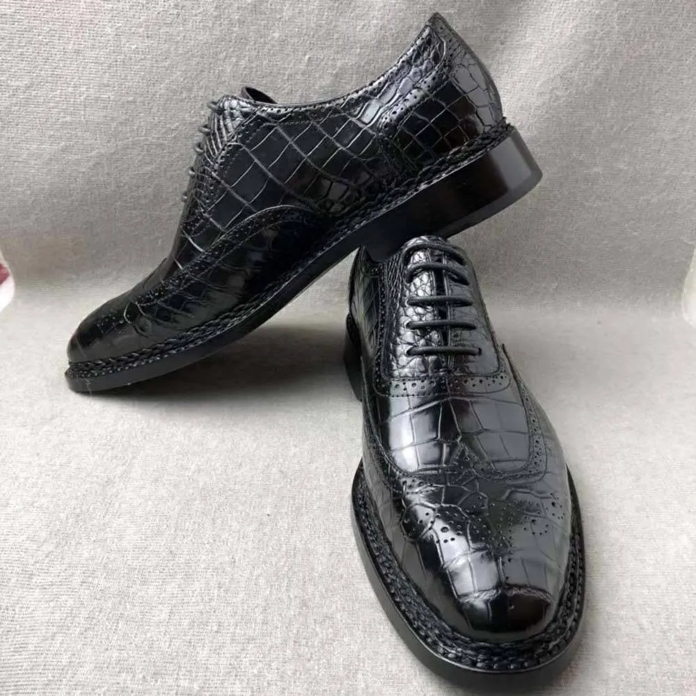 Crocodile Shoes Men's Crocodile Leather Brogue Norwegian Stitch  Lace-Up Business Shoes