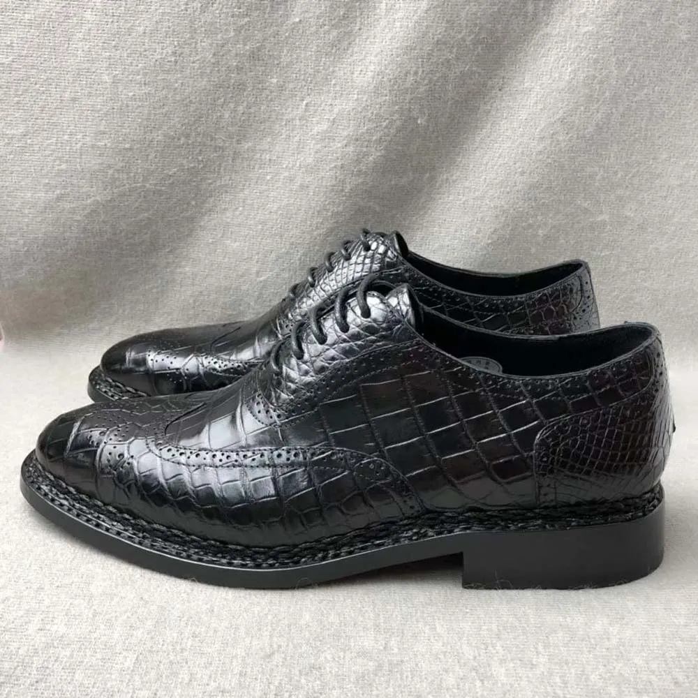 Crocodile Shoes Men's Crocodile Leather Brogue Norwegian Stitch  Lace-Up Business Shoes