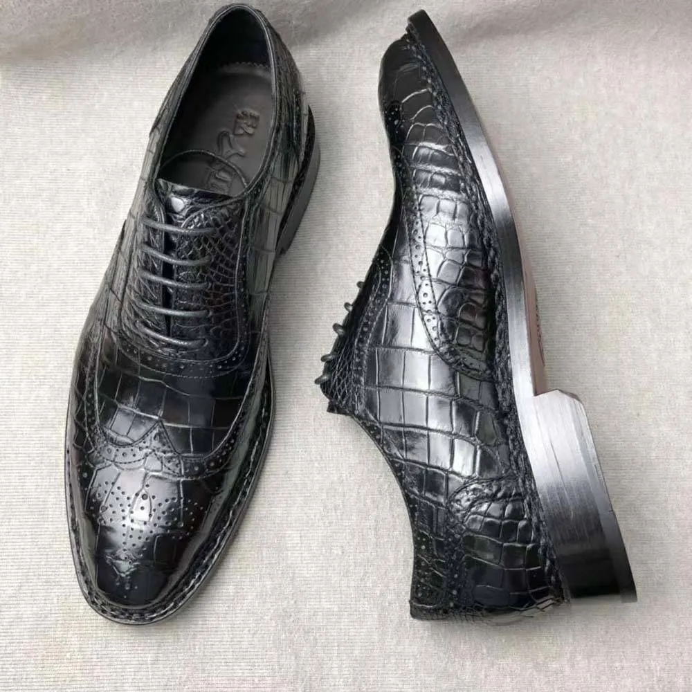 Crocodile Shoes Men's Crocodile Leather Brogue Norwegian Stitch  Lace-Up Business Shoes