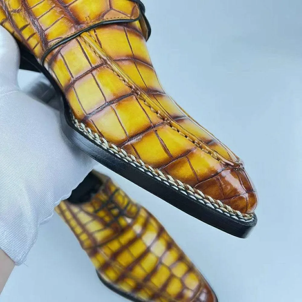 Crocodile Shoes Men's Crocodile Leather Norwegian Stitching  Fiddleback Sole  Lace Up Dress Shoes Vintage Amber Yellow