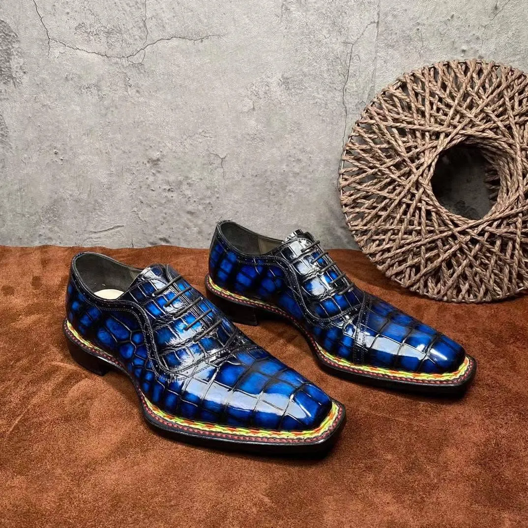 Crocodile Shoes Men's  Crocodile Leather  Norwegian Stitching Lace Up Dress Shoes Vintage Blue