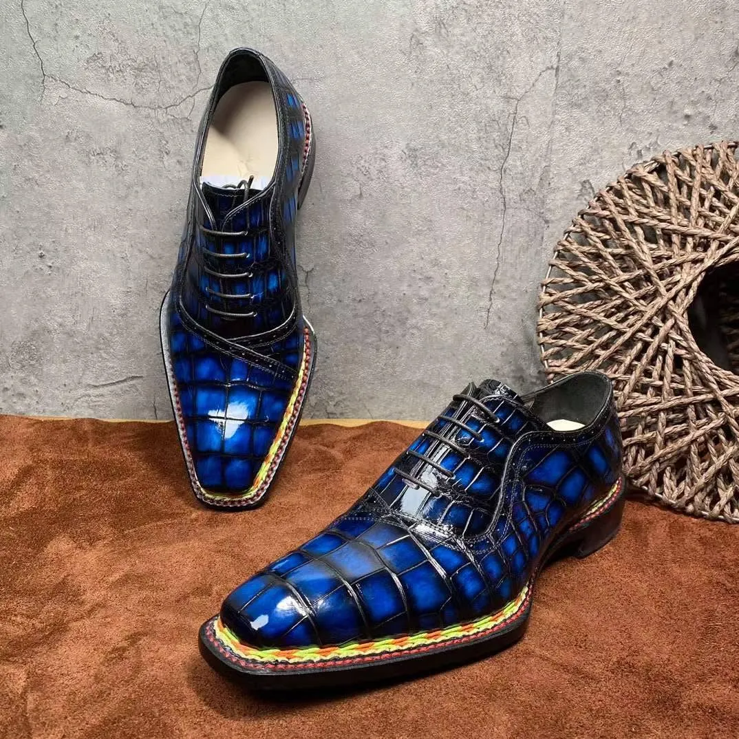 Crocodile Shoes Men's  Crocodile Leather  Norwegian Stitching Lace Up Dress Shoes Vintage Blue