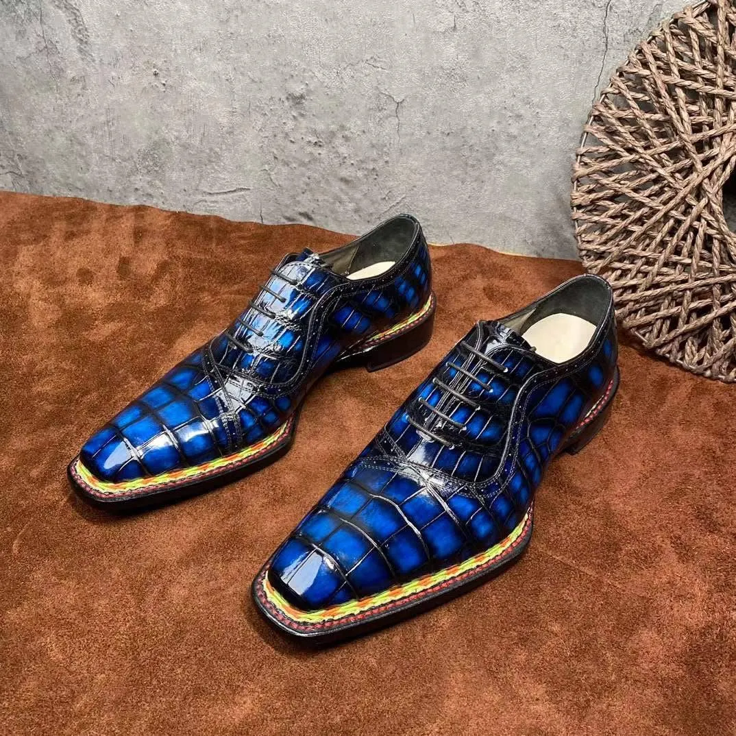 Crocodile Shoes Men's  Crocodile Leather  Norwegian Stitching Lace Up Dress Shoes Vintage Blue