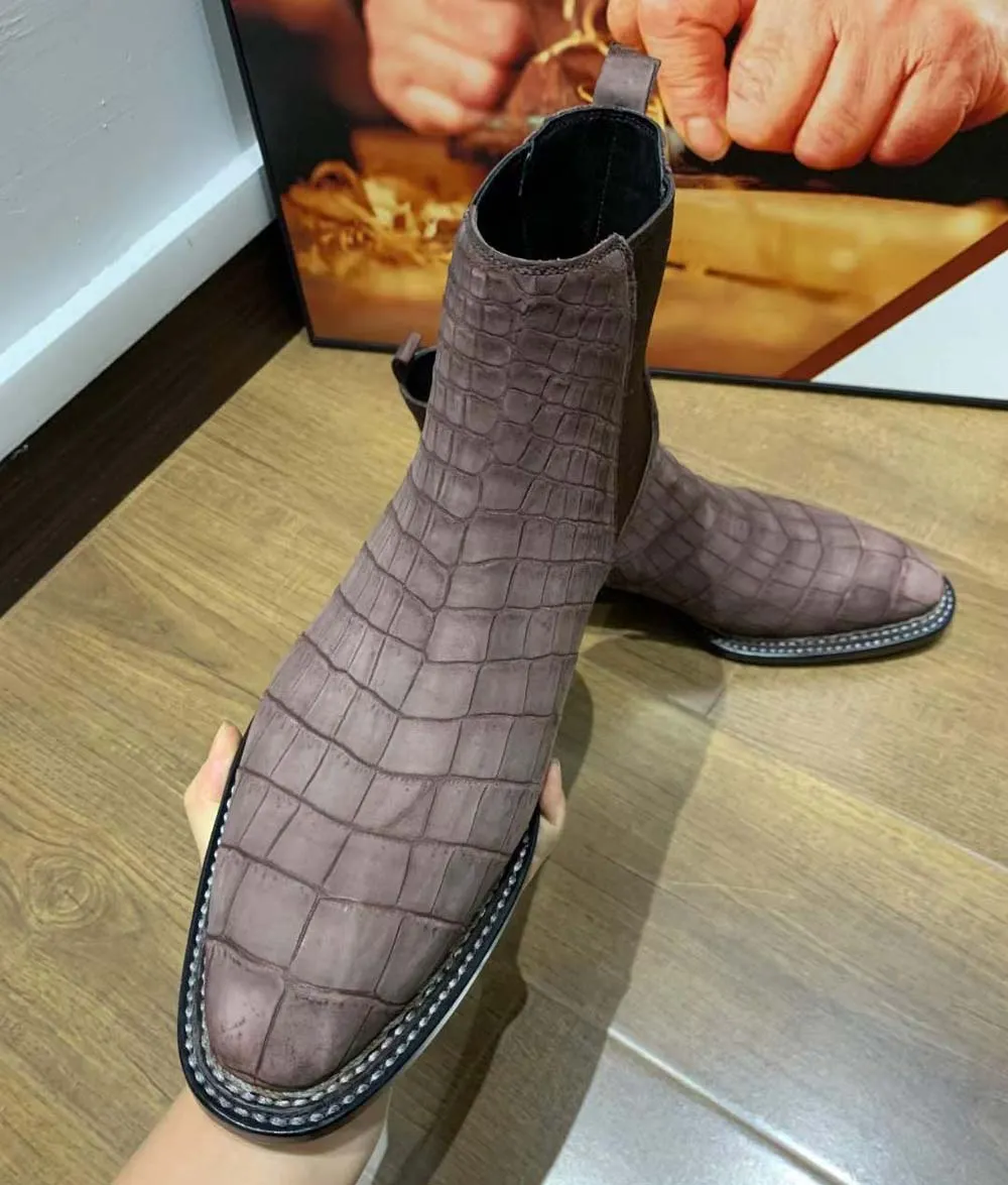 Crocodile Shoes Men's Sanded Crocodile Leather Norwegian Stitch Chelsea Boots