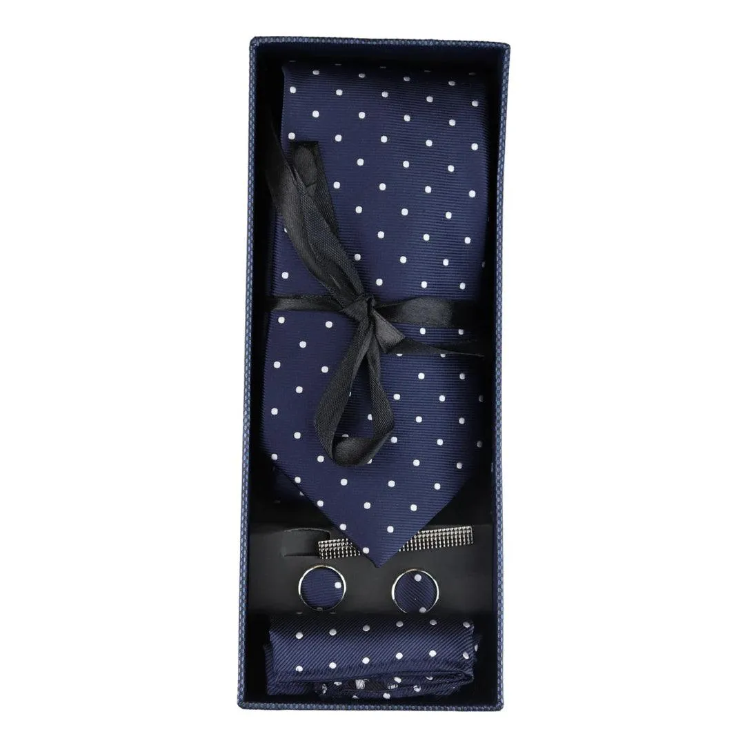 Dotted Neck Tie Gift Set Pocket Square Cuff Links Tie Pin Polka Dot Satin