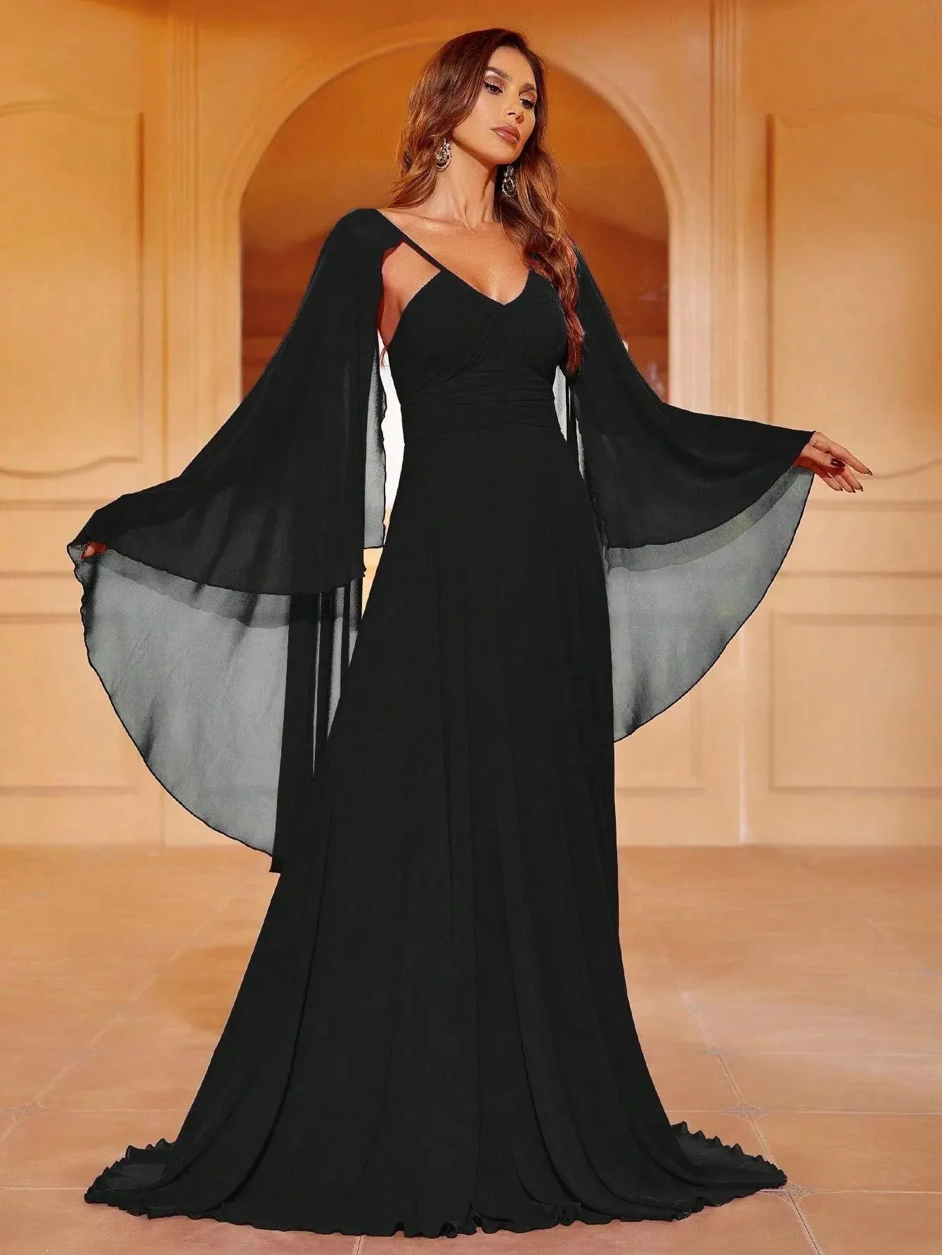 Elegant Cape Sleeves Chiffon Formal Dress