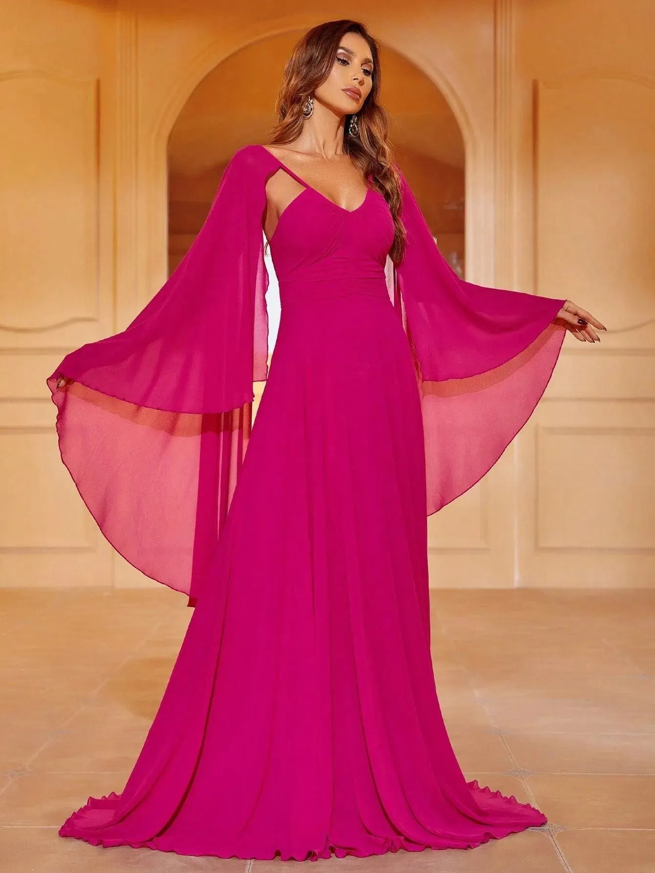 Elegant Cape Sleeves Chiffon Formal Dress