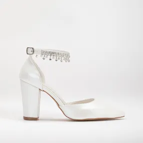 Emmy - Ivory Block Heels with Rhinestones