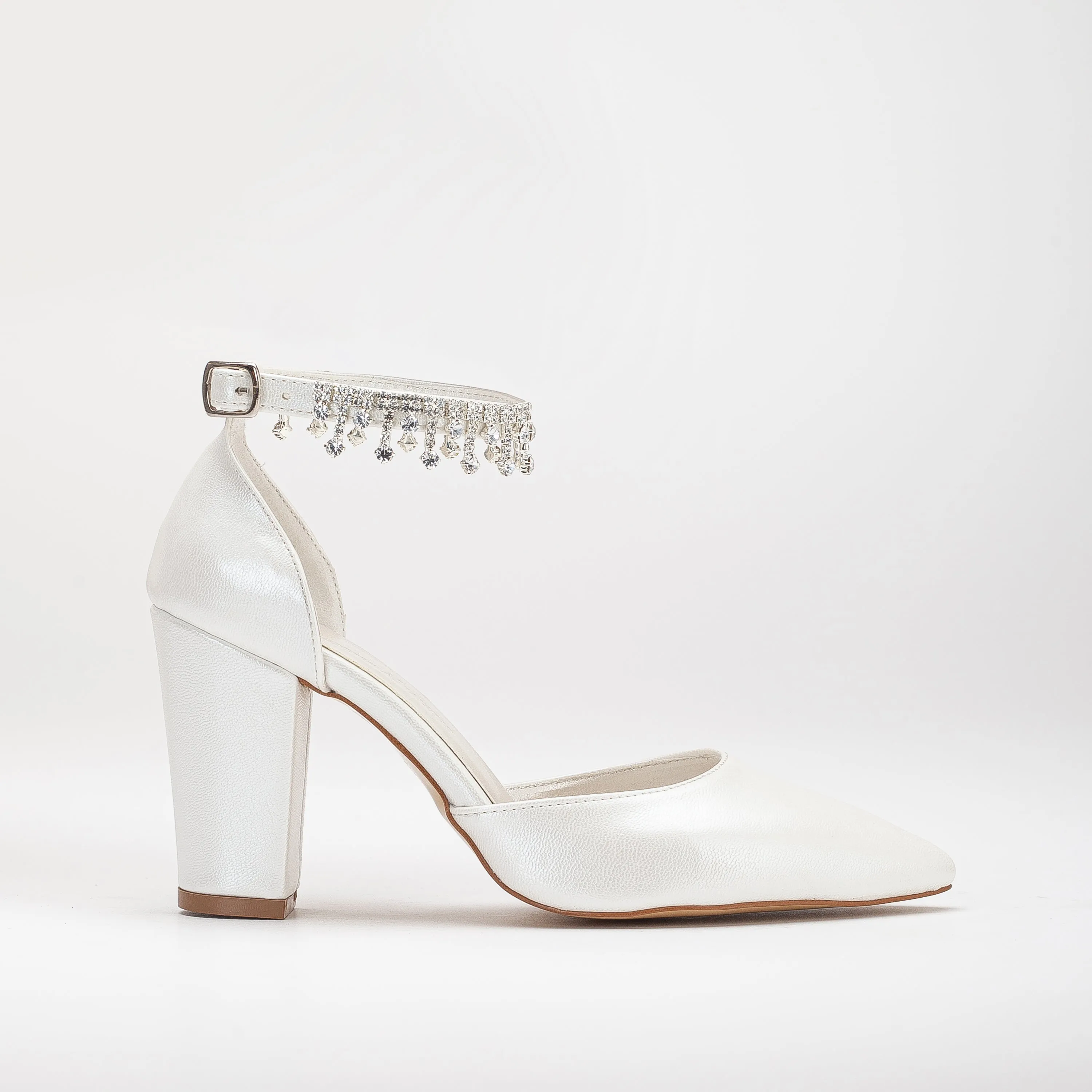 Emmy - Ivory Block Heels with Rhinestones