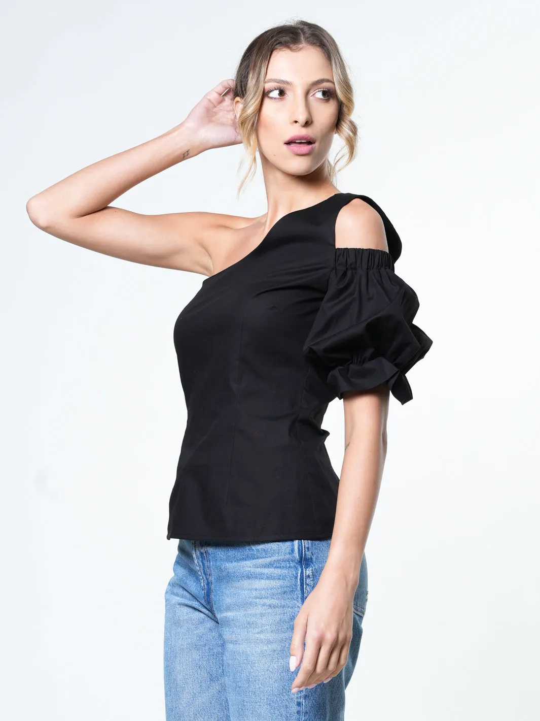 Extravagant One Sleeve Top In Black