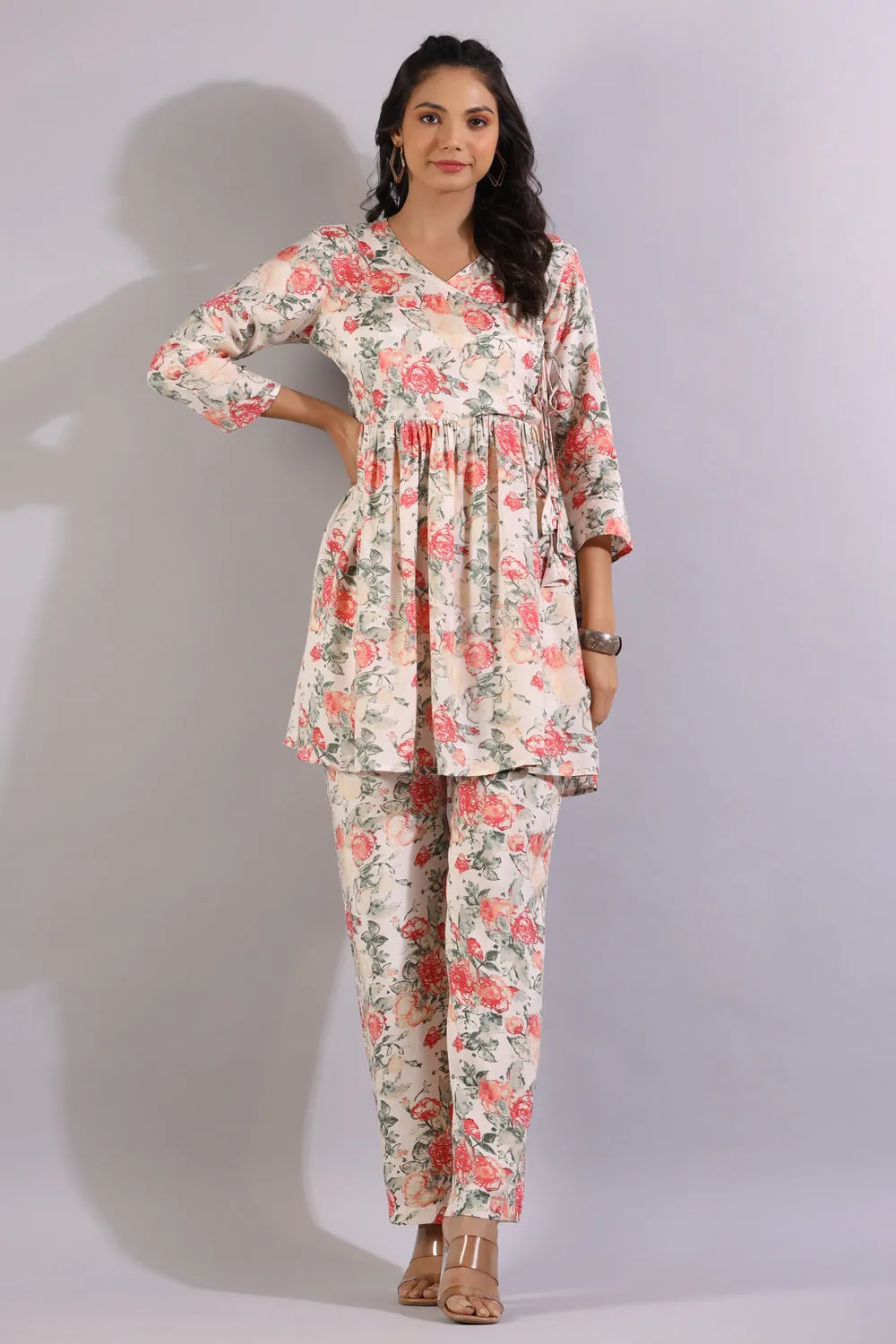 Floral Jaal On White Angrakha Silk Co-ord Set