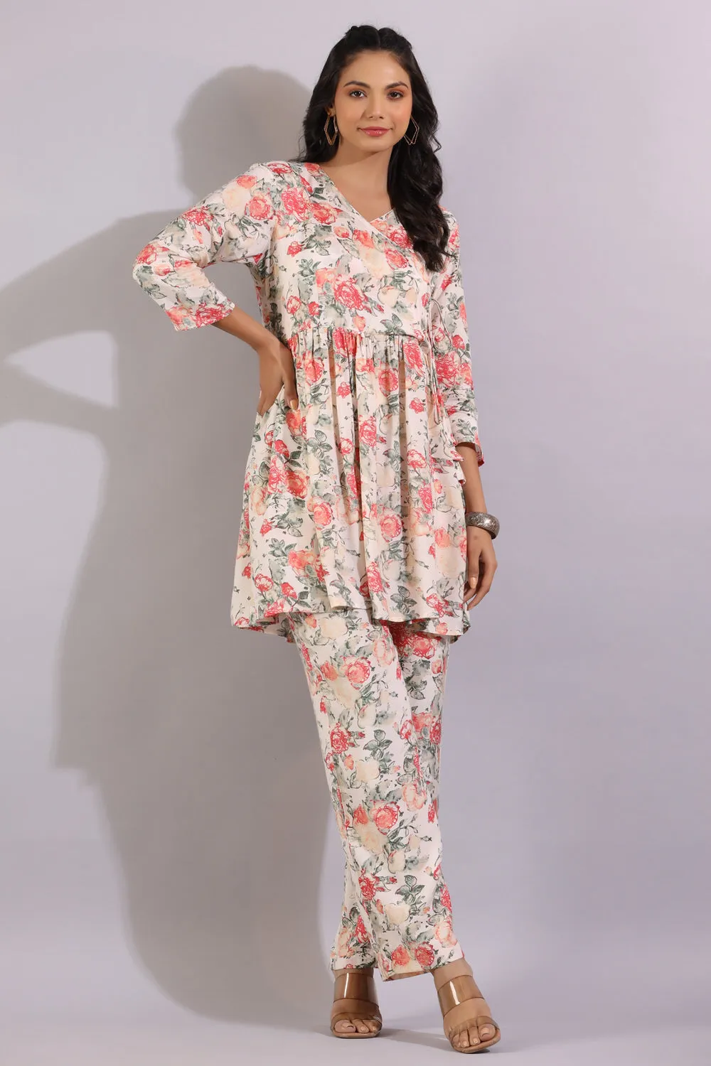 Floral Jaal On White Angrakha Silk Co-ord Set