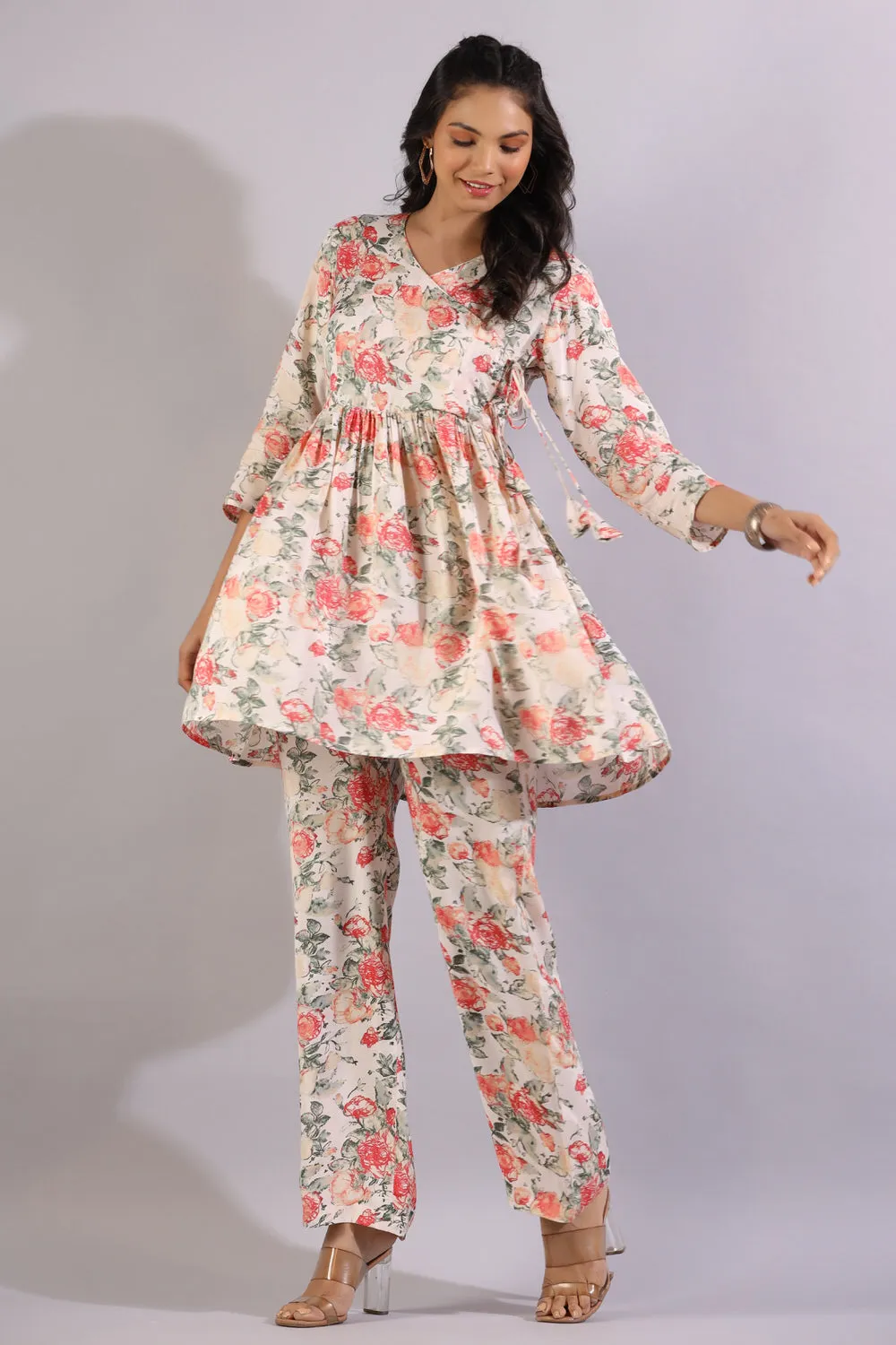 Floral Jaal On White Angrakha Silk Co-ord Set