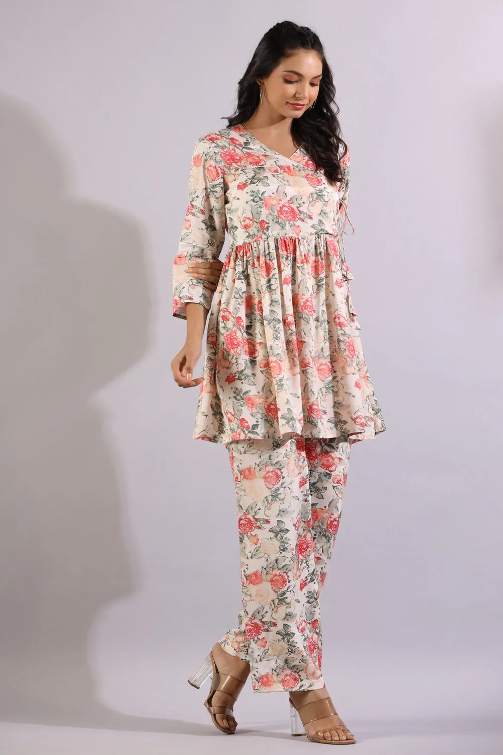 Floral Jaal On White Angrakha Silk Co-ord Set