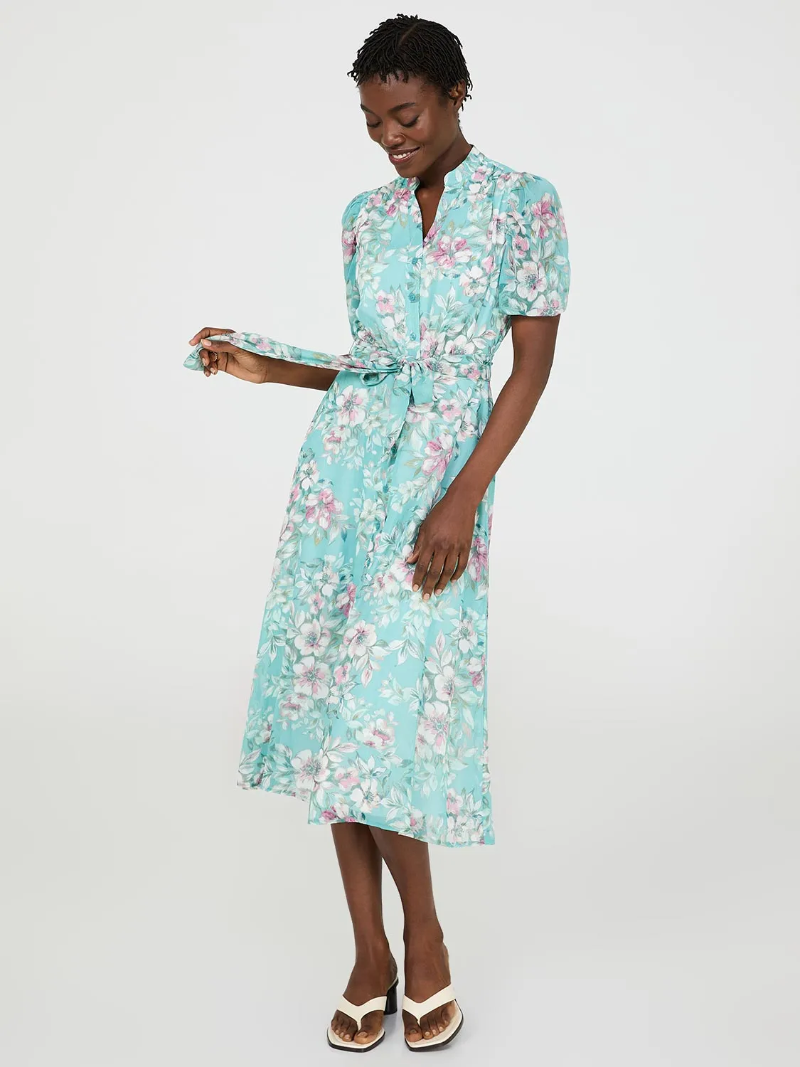 Floral Print Split Neck Dress With Balloon Sleeves