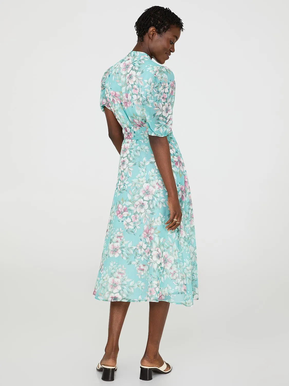 Floral Print Split Neck Dress With Balloon Sleeves