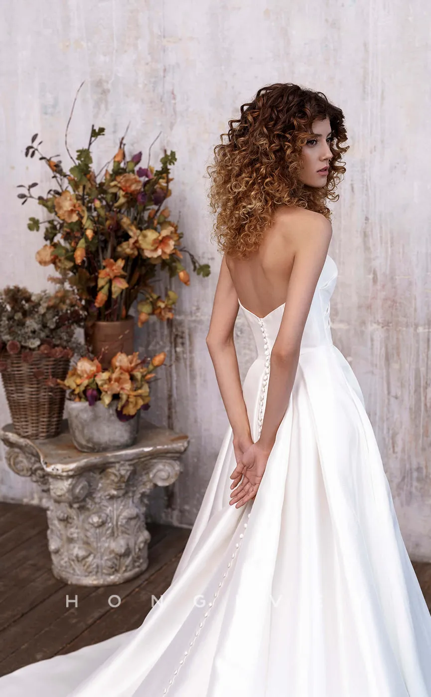 H0865 - Simple Strapless Open Back Ruched With Train And Slit Wedding Dress