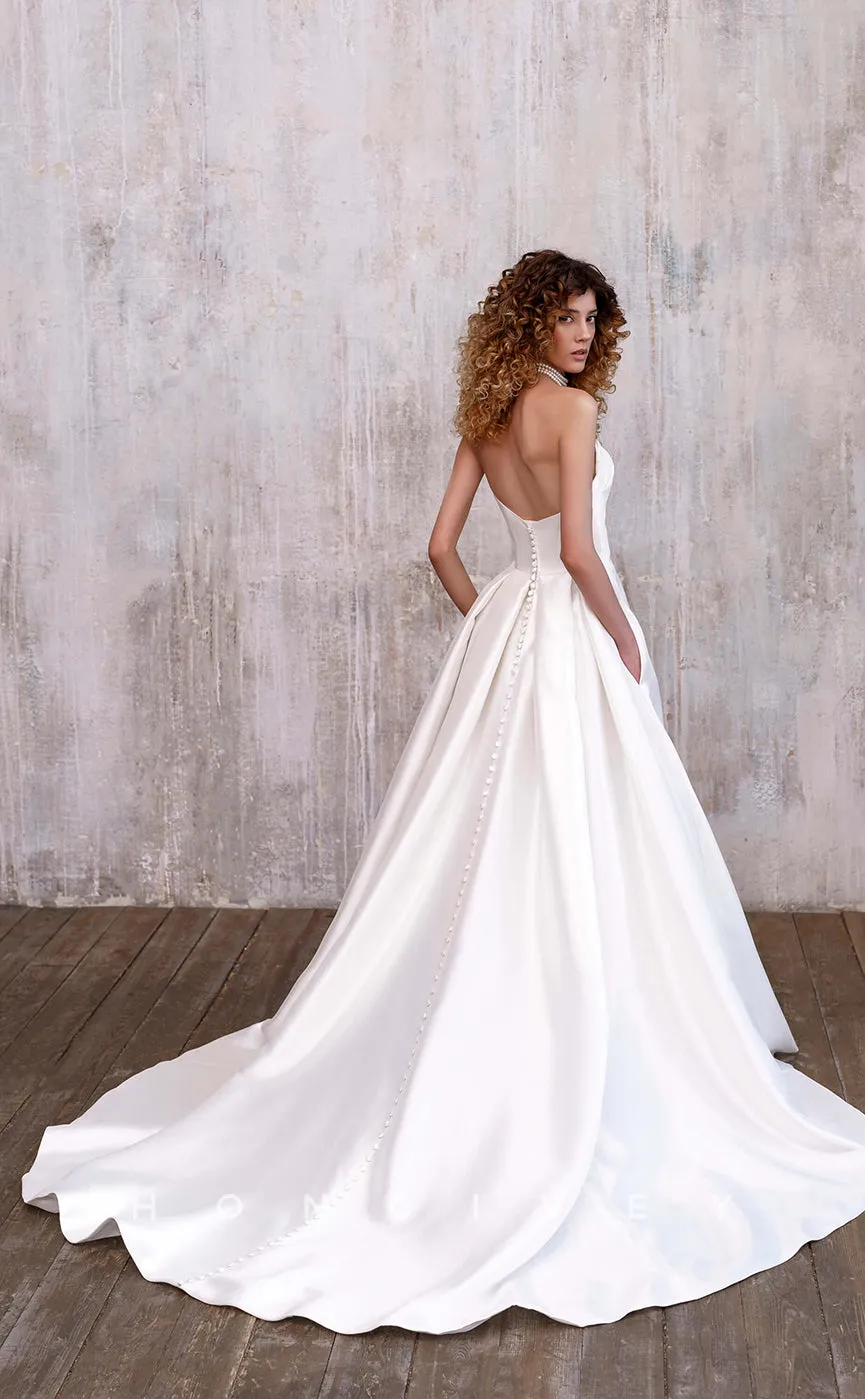 H0865 - Simple Strapless Open Back Ruched With Train And Slit Wedding Dress