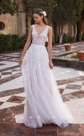 H0869 - Sheer Fully Foliage Floral Lace Plunging Illusion Open Back Ruched With Train Wedding Dress