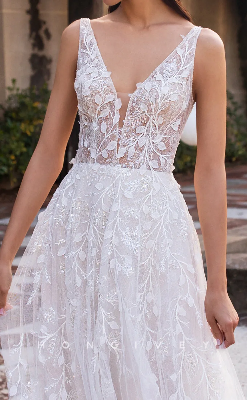 H0869 - Sheer Fully Foliage Floral Lace Plunging Illusion Open Back Ruched With Train Wedding Dress