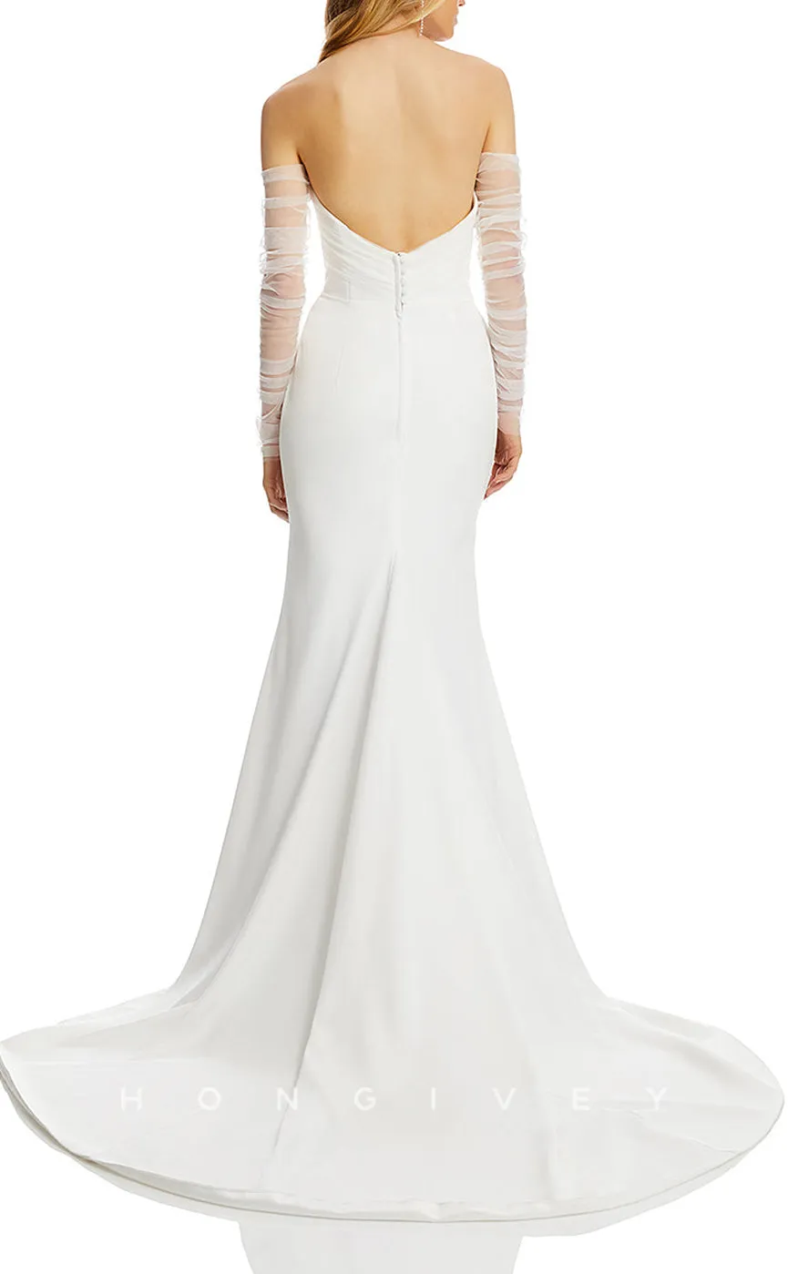 H1097 - Sexy Satin Strapless Lace Long Sleeves Trumpt Open Back Beach Wedding Dress