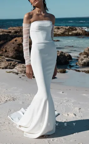 H1097 - Sexy Satin Strapless Lace Long Sleeves Trumpt Open Back Beach Wedding Dress