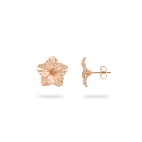 Hawaiian Gardens Hibiscus Earrings in Rose Gold with Diamonds - 14mm