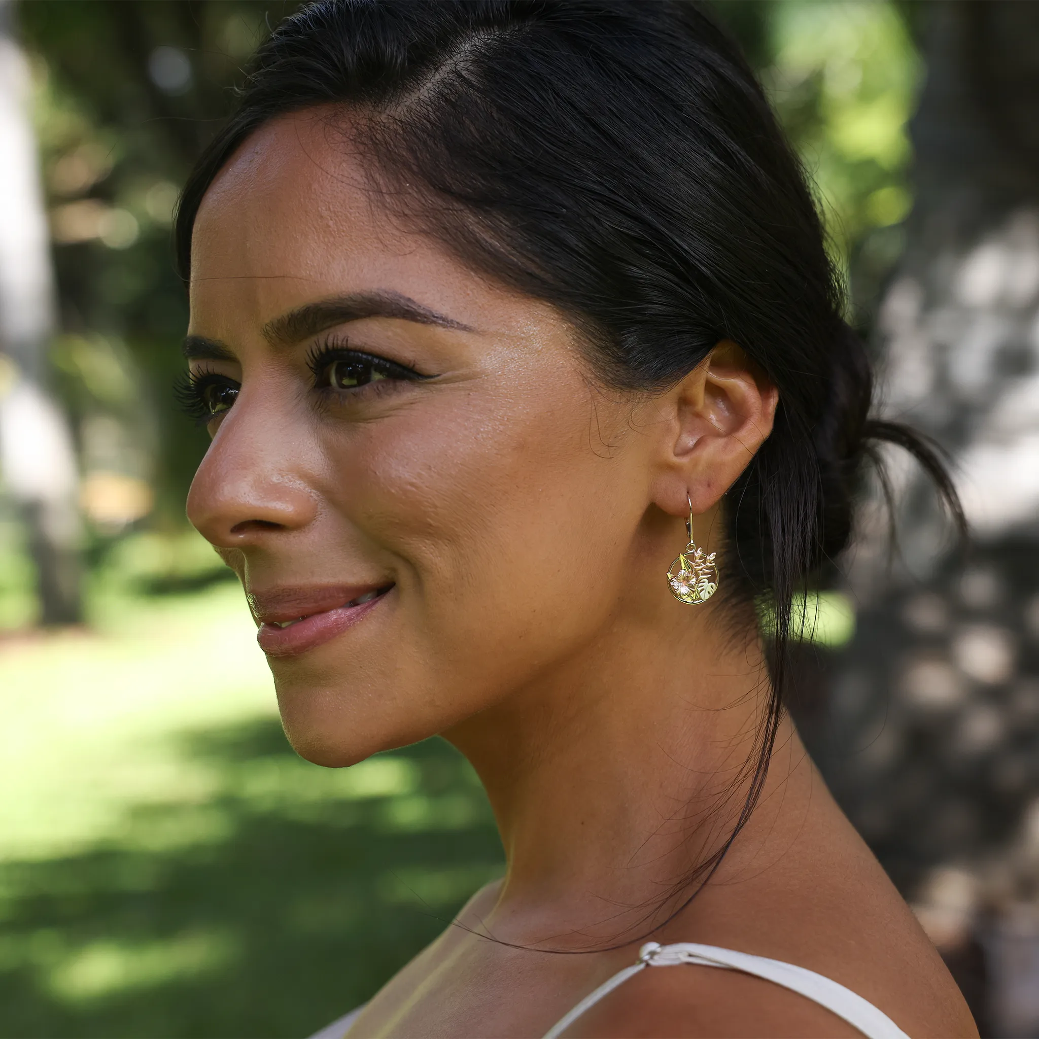 Hawaiian Gardens Hibiscus Earrings in Tri Color Gold with Diamonds - 15mm