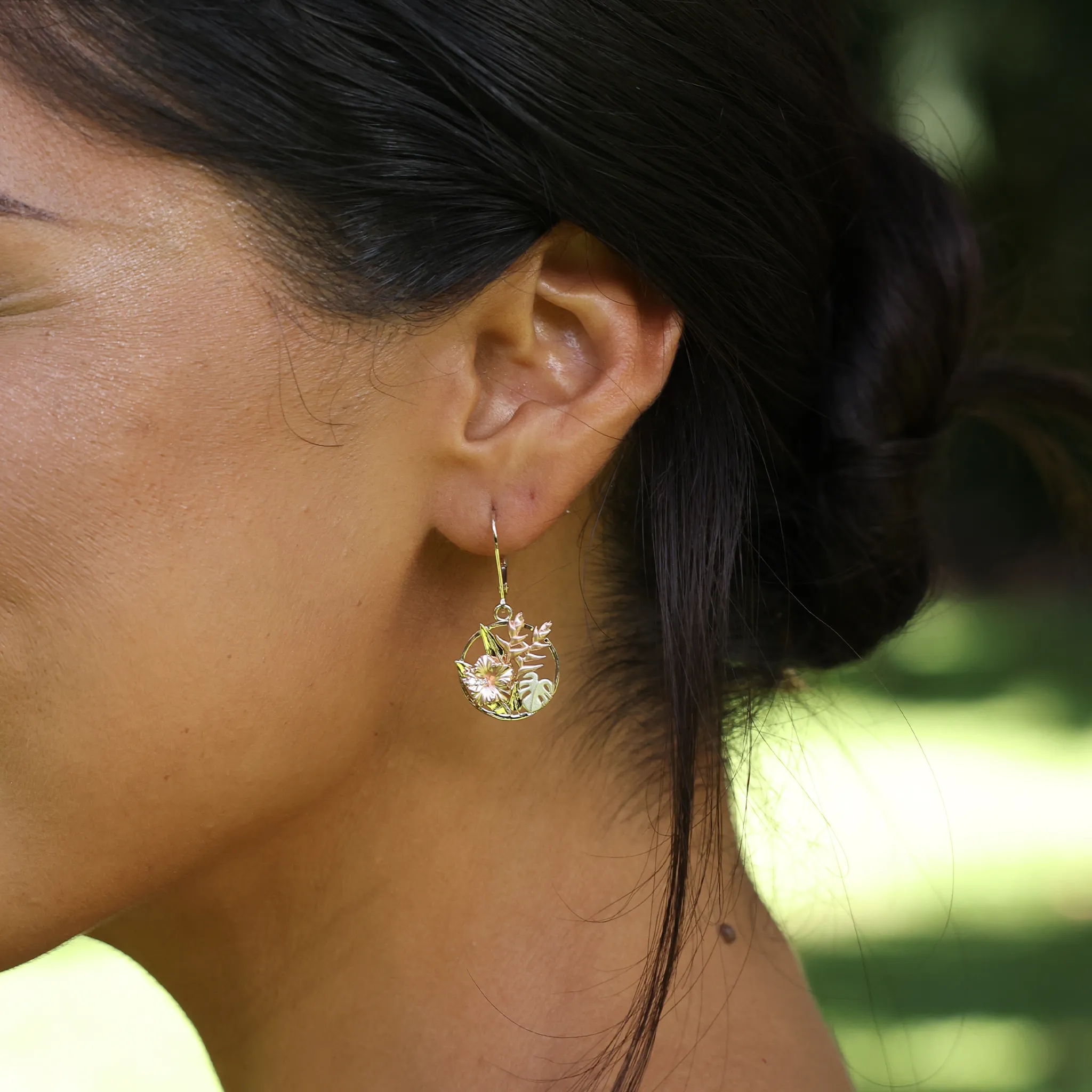 Hawaiian Gardens Hibiscus Earrings in Tri Color Gold with Diamonds - 15mm