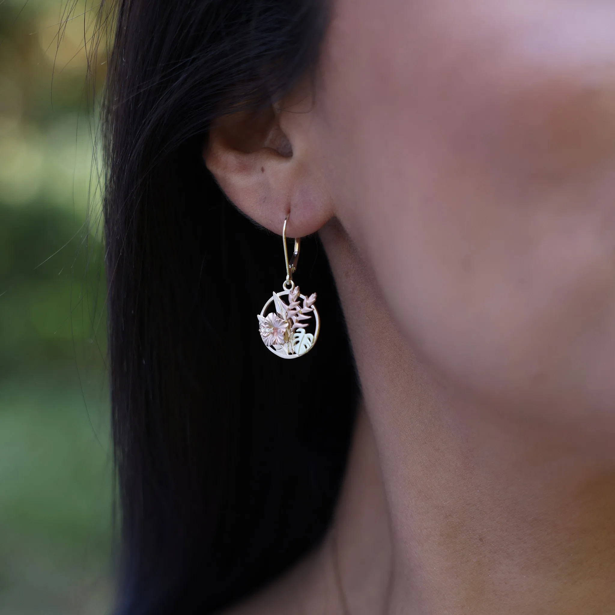 Hawaiian Gardens Hibiscus Earrings in Tri Color Gold with Diamonds - 15mm