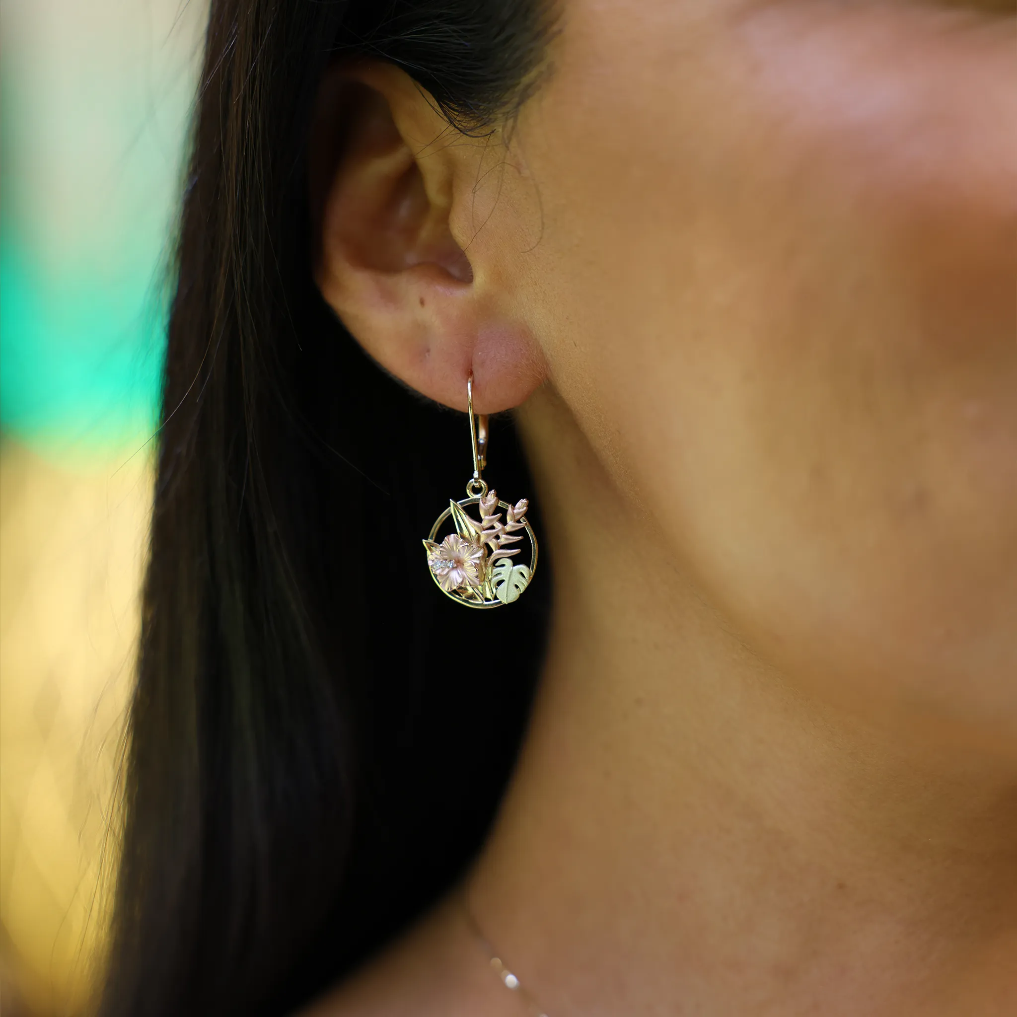 Hawaiian Gardens Hibiscus Earrings in Tri Color Gold with Diamonds - 15mm