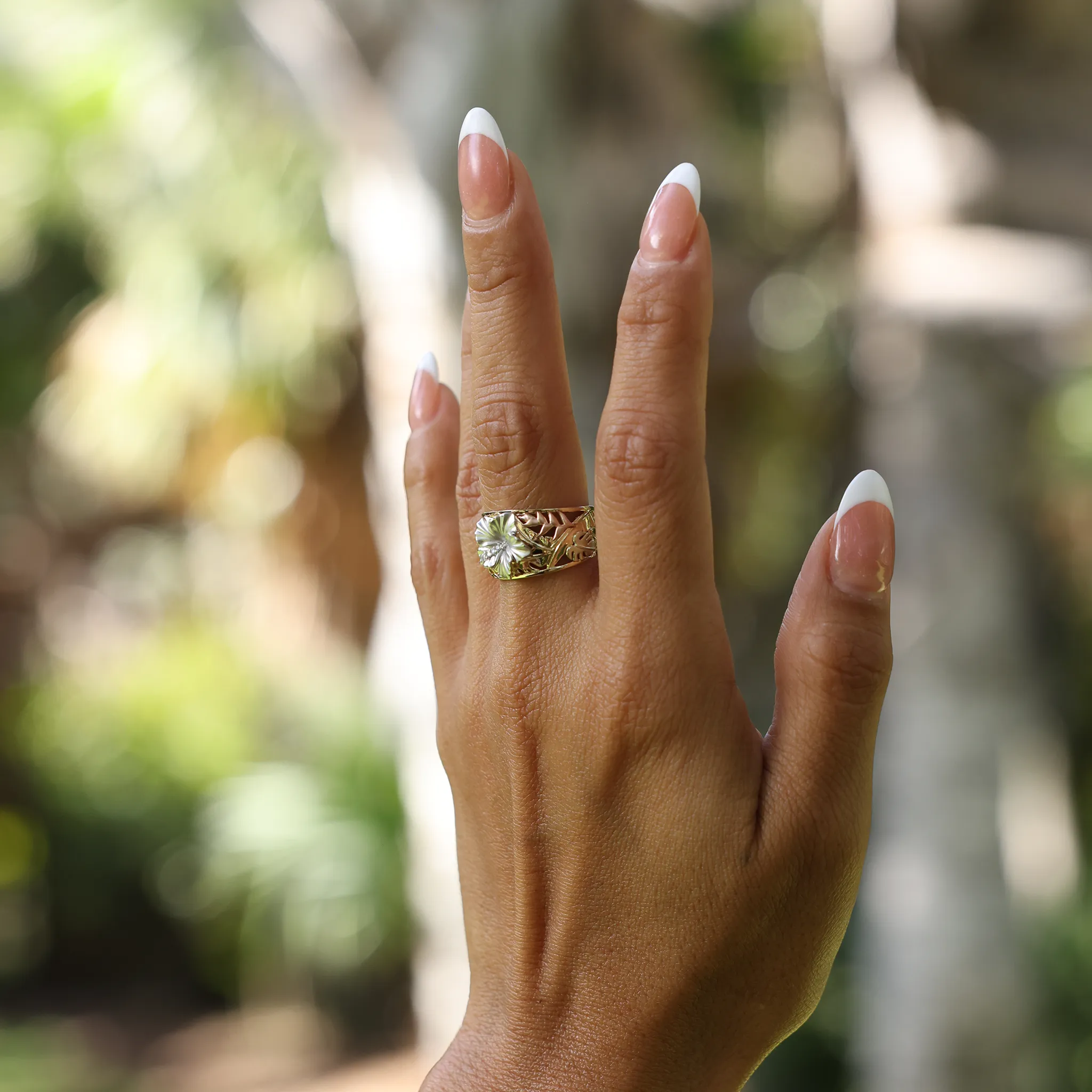 Hawaiian Gardens Hibiscus Ring in Multi Color Gold with Diamonds - 12mm