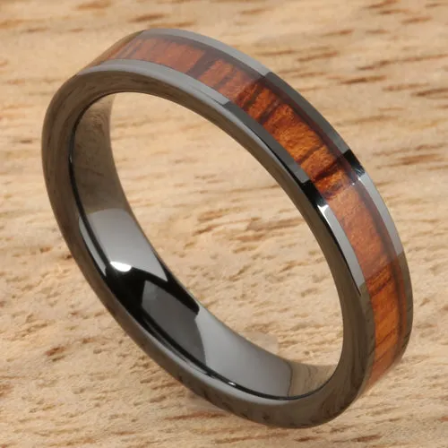 High Tech Black Ceramic Natural Koa Wood Flat Wedding Ring 4mm