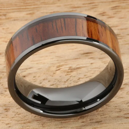 High Tech Black Ceramic Natural Koa Wood Flat Wedding Ring 8mm