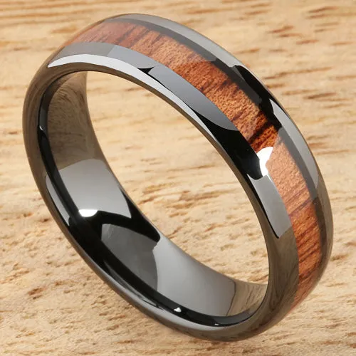 High Tech Black Ceramic Natural Koa Wood Oval Wedding Ring 6mm