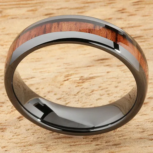 High Tech Black Ceramic Natural Koa Wood Oval Wedding Ring 6mm