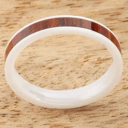 High Tech White Ceramic Natural Koa Wood Flat Wedding Ring 4mm