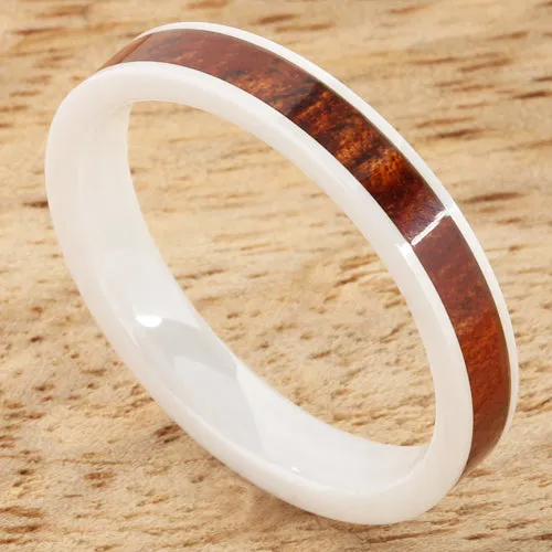 High Tech White Ceramic Natural Koa Wood Flat Wedding Ring 4mm