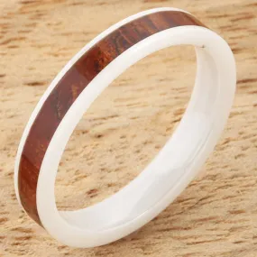 High Tech White Ceramic Natural Koa Wood Flat Wedding Ring 4mm