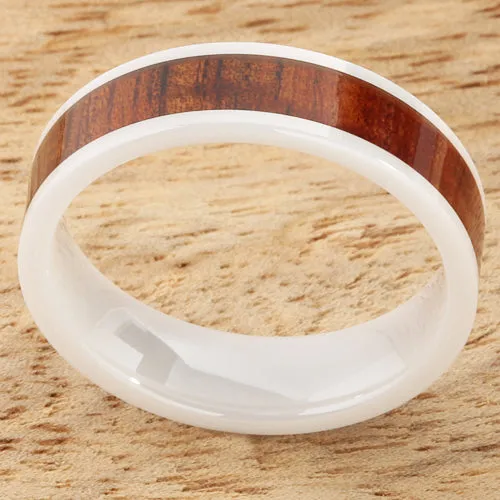 High Tech White Ceramic Natural Koa Wood Flat Wedding Ring 6mm