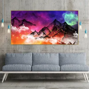 Large colorful fantasy floating frame wall art, smoky mountains canvas print, multicolored printable framed living room hanging wall decor