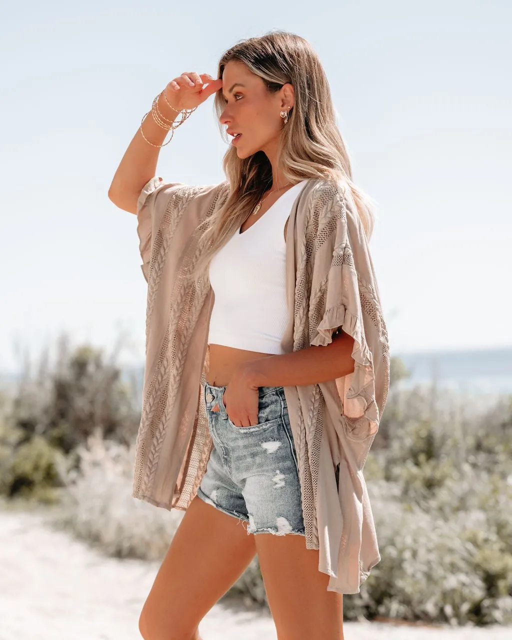 Latte Open Front Textured Kimono