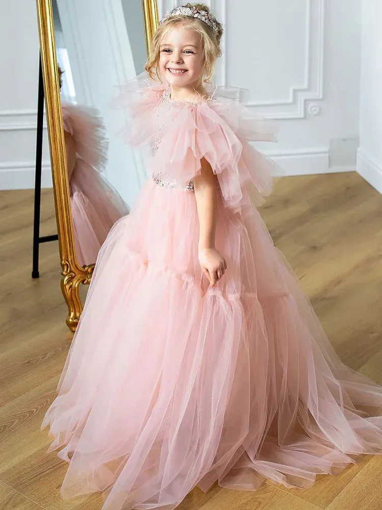 Light Pink Feather Flower Girl Dress - Tulle Puffy V-Back Princess Gown for Wedding, Birthday, First Communion