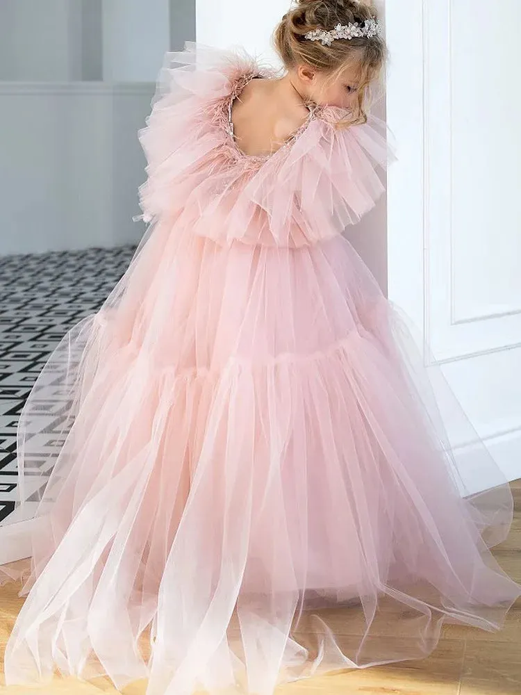 Light Pink Feather Flower Girl Dress - Tulle Puffy V-Back Princess Gown for Wedding, Birthday, First Communion