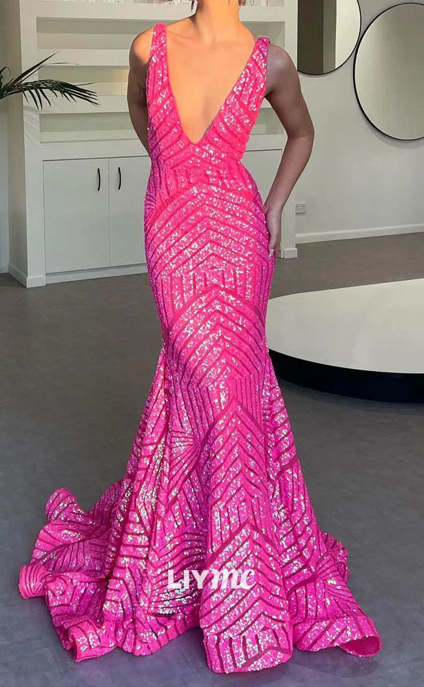 LP2058 - V-Neck Sleeveless Open Back Appliques Mermaid Prom Dress