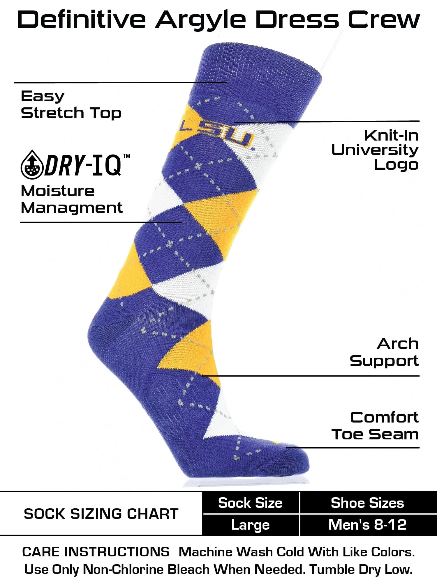 LSU Tigers Argyle Dress Socks NCAA Fanwear Crew Length