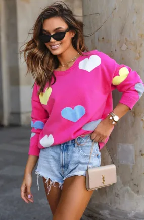 Mabel Heart Printed Knitted Jumper Sweater Top-Pink