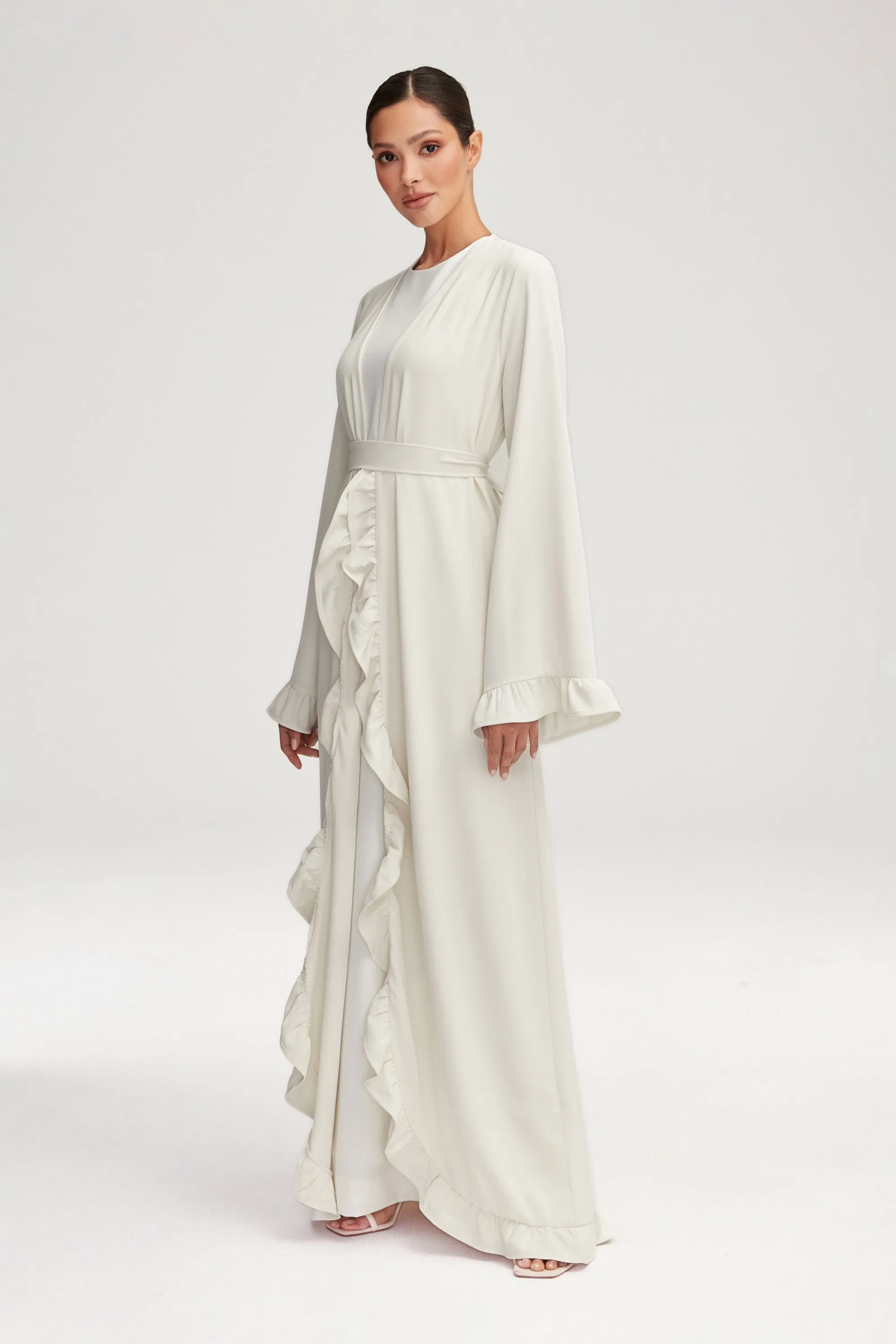 Mariam Ruffle Open Abaya - White