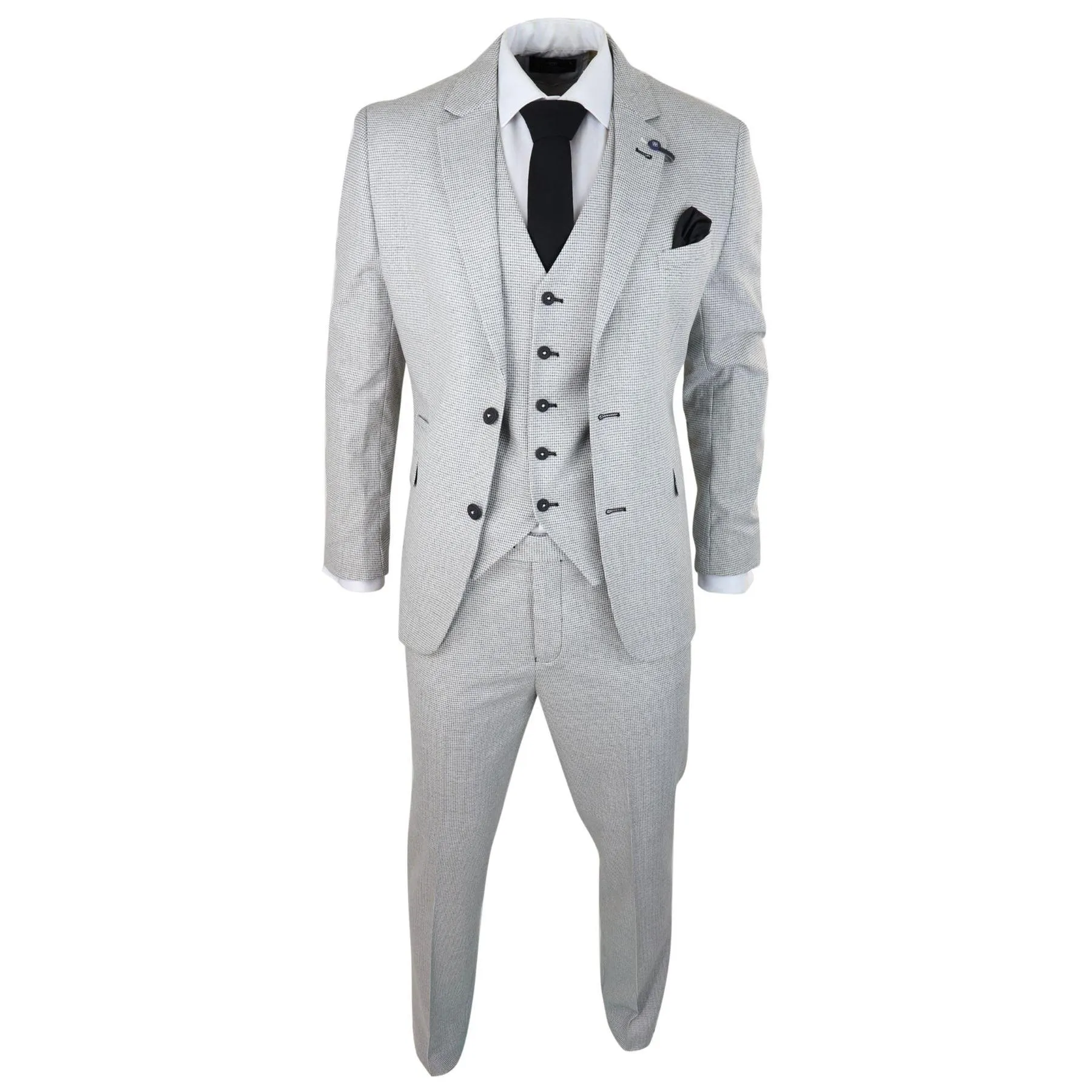 Mens 3 Piece Light Grey Black Check Suit Tailored Fit Retro Vintage Classic Smart