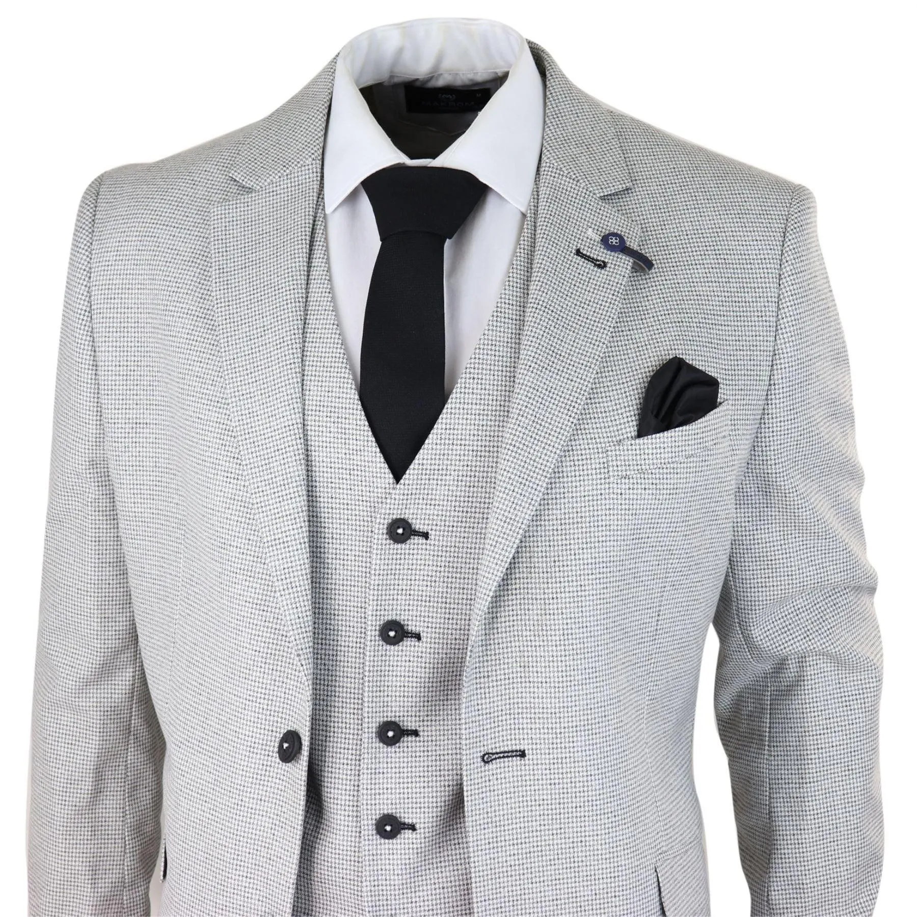 Mens 3 Piece Light Grey Black Check Suit Tailored Fit Retro Vintage Classic Smart